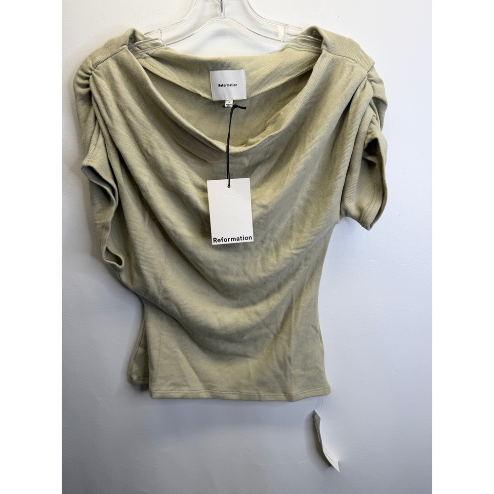 Reformation Iris Knit Top Women S Dried Herbs Green Cowl Neck Ruched Sleeve